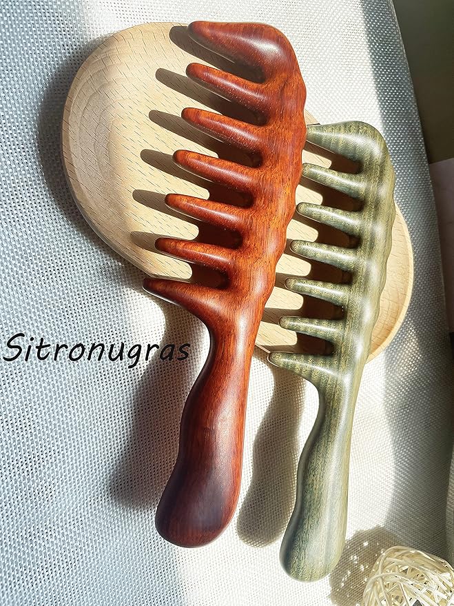 Sitronugras Handmade Wide Tooth Sandalwood Comb, Scalp Massage Hair Pick, Anti-Static Natural Detangler for Men and Women with Free Pouch
